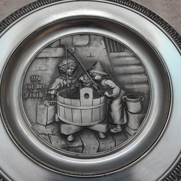 SKS Zinn 95% Pewter Plate Boys Fishing Where is the Fish? German Vintage 8 Inch - Picture 3 of 6